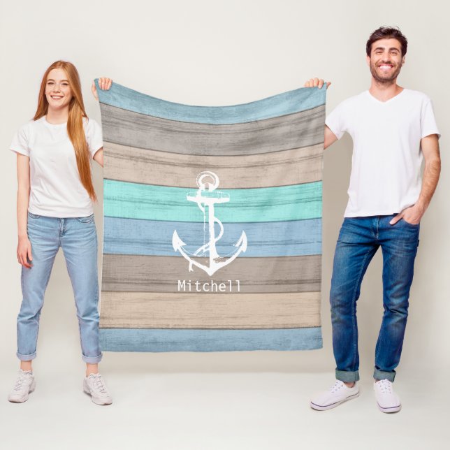 Rustic Beach Wood Nautical Stripes & Anchor Fleece Blanket (In Situ)