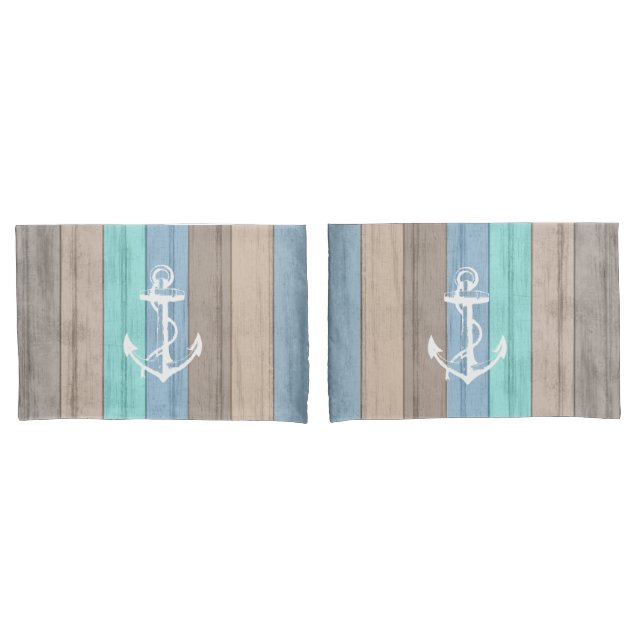 Rustic Beach Wood Nautical Stripes & Anchor Pillowcase (Front-Set)