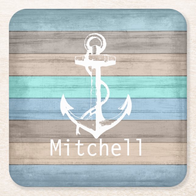 Rustic Beach Wood Nautical Stripes & Anchor Square Paper Coaster (Front)