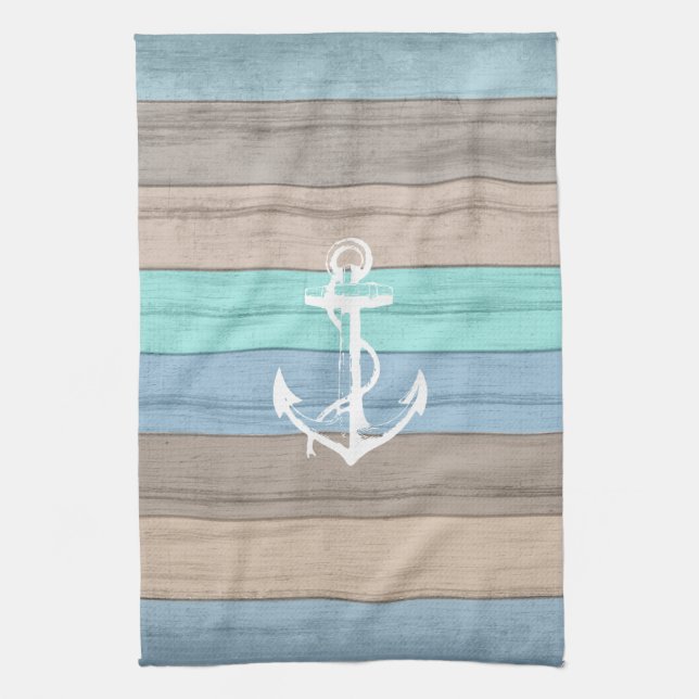 Rustic Beach Wood Nautical Stripes & Anchor Tea Towel (Vertical)