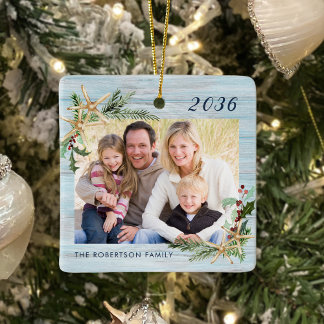 Rustic Beach Wood Starfish Family Photo Christmas Ceramic Ornament