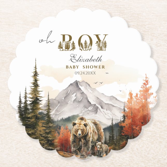 Rustic Bear Adventure "Oh Boy" Baby Shower Paper Coaster (Front)