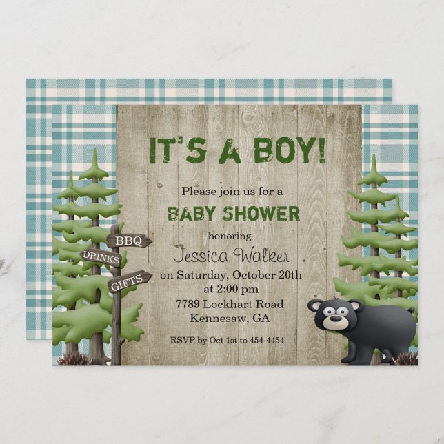 Rustic Bear Baby Shower Invitation Boy (Front/Back)