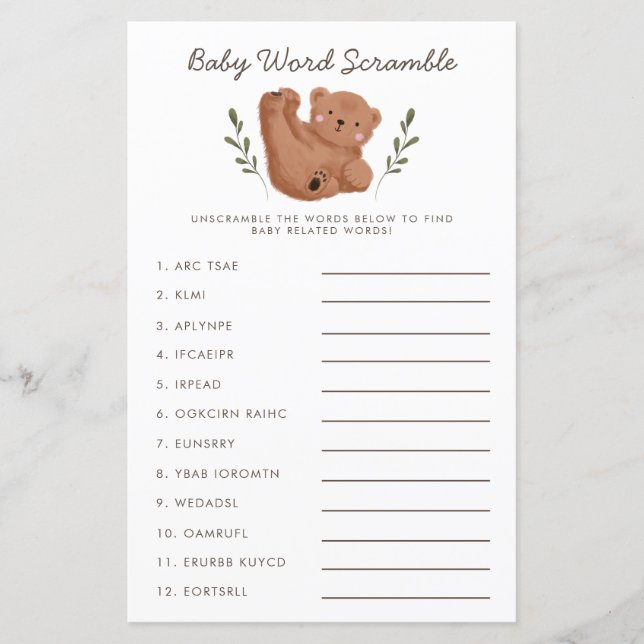 Rustic Bear Baby Word Scramble Game (Front)