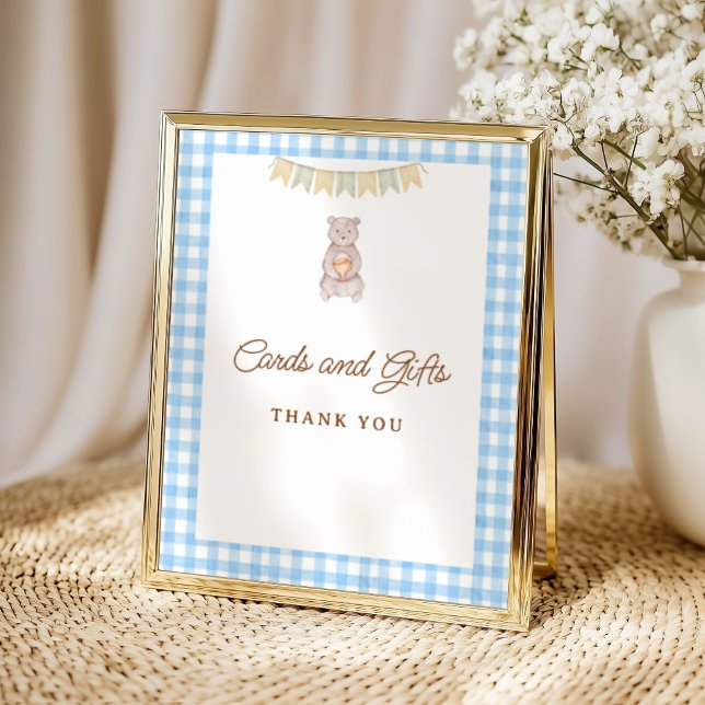 Rustic Bear Blue Gingham Baby Shower Tabletop Poster (Rustic Bear Blue Gingham Tabletop Sign)