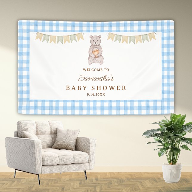 Rustic Bear Blue Watercolor Gingham Baby Shower Banner (Rustic Bear Blue Gingham Boy Baby Shower Banner)