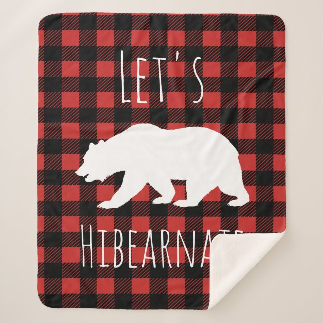 Rustic Bear Buffalo Check Plaid Let's Hibearnate Sherpa Blanket (Front)