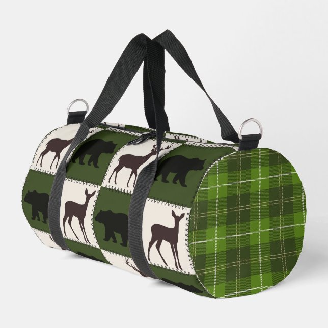 Rustic Bear & Deer, Dark Green & Cream Squares Duffle Bag (Left Corner)