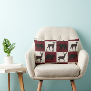 Rustic Bear & Deer, Dark Red & Cream Squares Lumbar Cushion