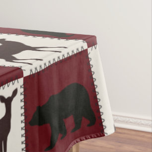 Rustic Bear & Deer, Dark Red & Cream Squares Tablecloth