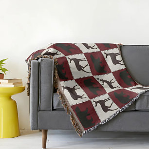 Rustic Bear & Deer, Dark Red & Cream Squares Throw Blanket