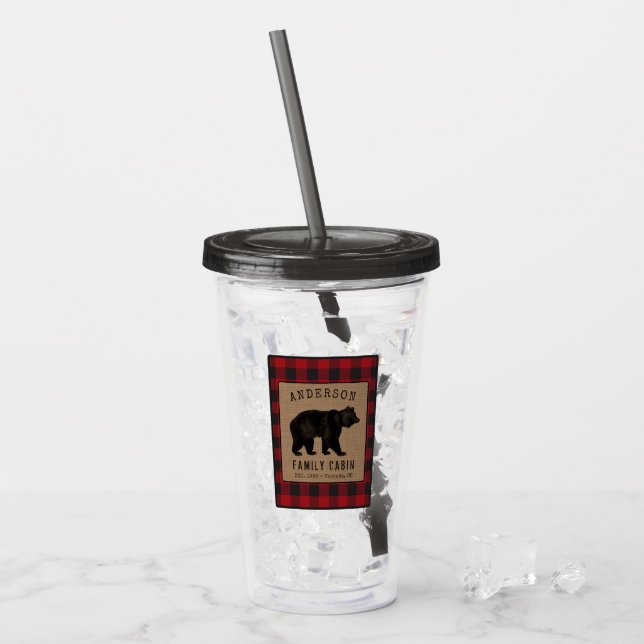 Rustic Bear Family Cabin Red Buffalo Plaid Burlap Acrylic Tumbler (Front Ice)
