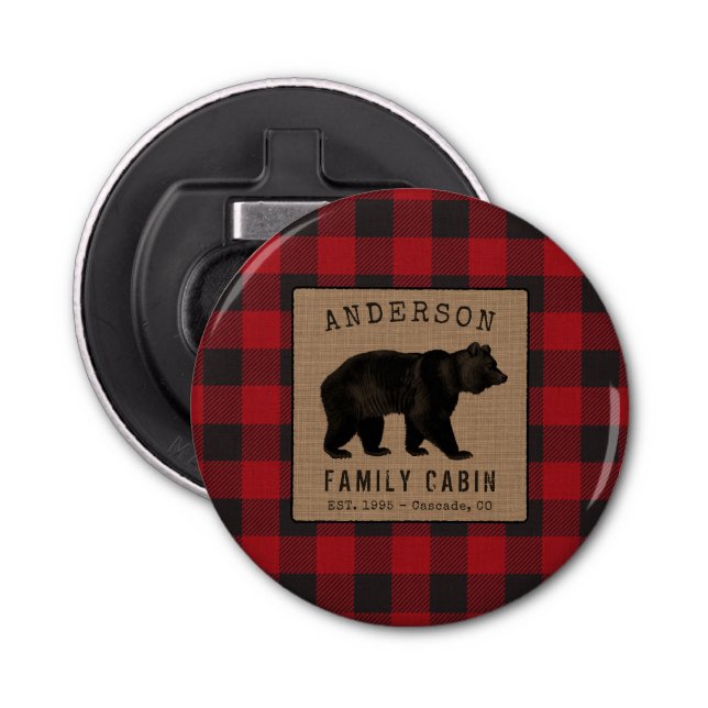 Rustic Bear Family Cabin Red Buffalo Plaid Burlap Bottle Opener (Front)