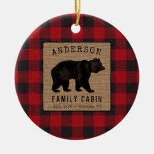 Rustic Bear Family Cabin Red Buffalo Plaid Burlap Ceramic Tree Decoration