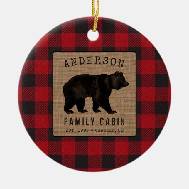 Rustic Bear Family Cabin Red Buffalo Plaid Burlap Ceramic Tree Decoration (Front)