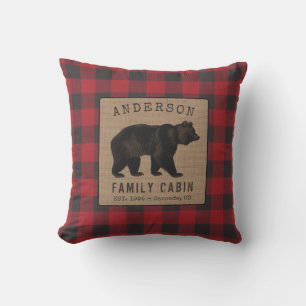 Rustic Bear Family Cabin Red Buffalo Plaid Burlap Cushion
