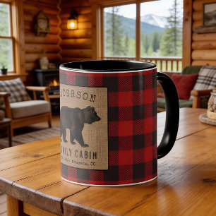 Rustic Bear Family Cabin Red Buffalo Plaid Burlap Mug