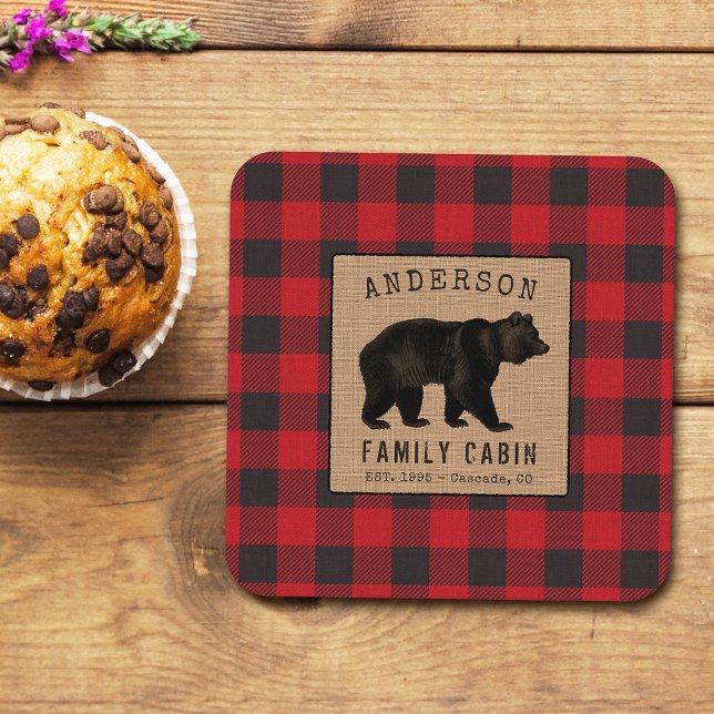 Rustic Bear Family Cabin Red Buffalo Plaid Burlap Square Paper Coaster (Creator Uploaded)