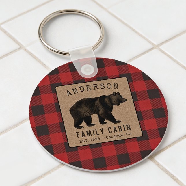Rustic Bear Family Cabin Red Buffalo Plaid Round Key Ring (Creator Uploaded)