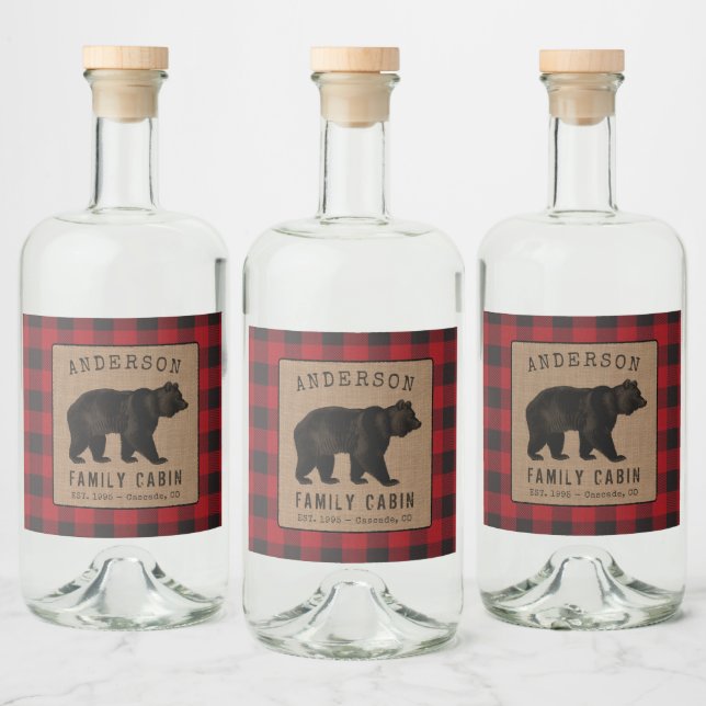Rustic Bear Family Cabin Red Plaid Burlap Labels (Bottles)