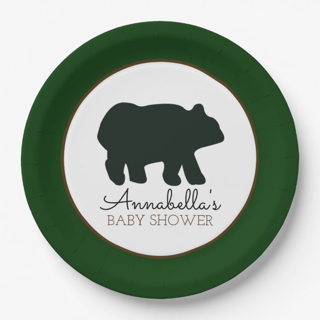 Rustic Bear Paper Plate (Forest Green) (Front)