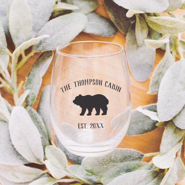 Rustic Bear Personalised Family Name Stemless Wine Glass (Creator Uploaded)