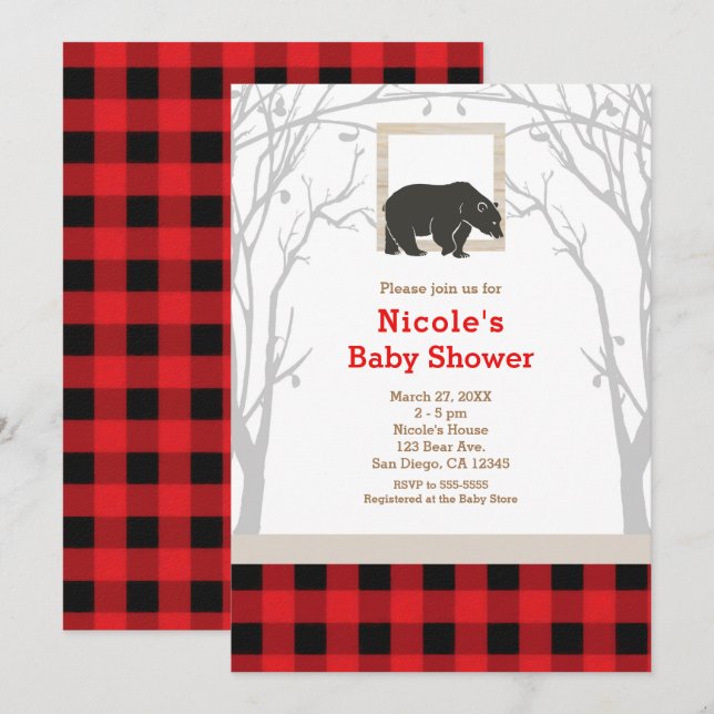 Rustic Bear Plaid Baby Shower Invitations (Front/Back)
