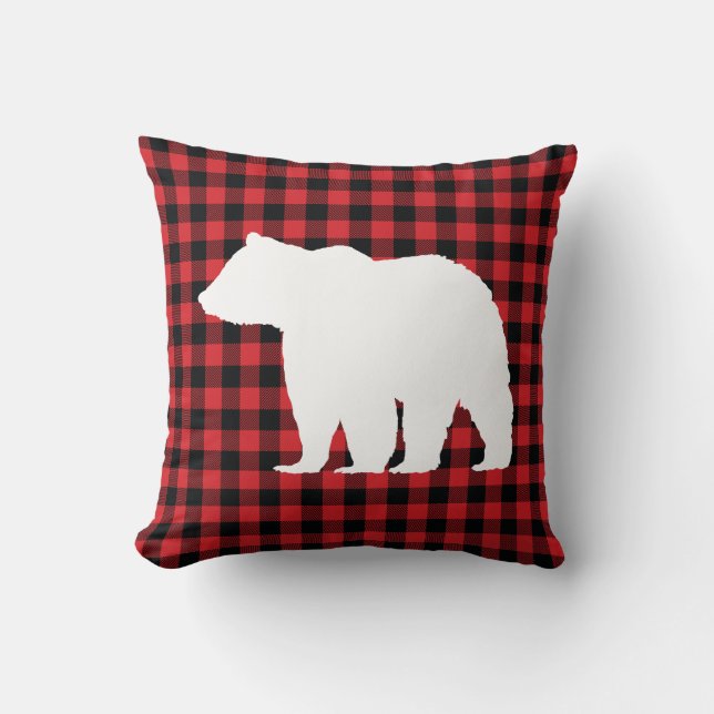 Rustic Bear Plaid Wilderness Cabin Throw Pillow (Front)