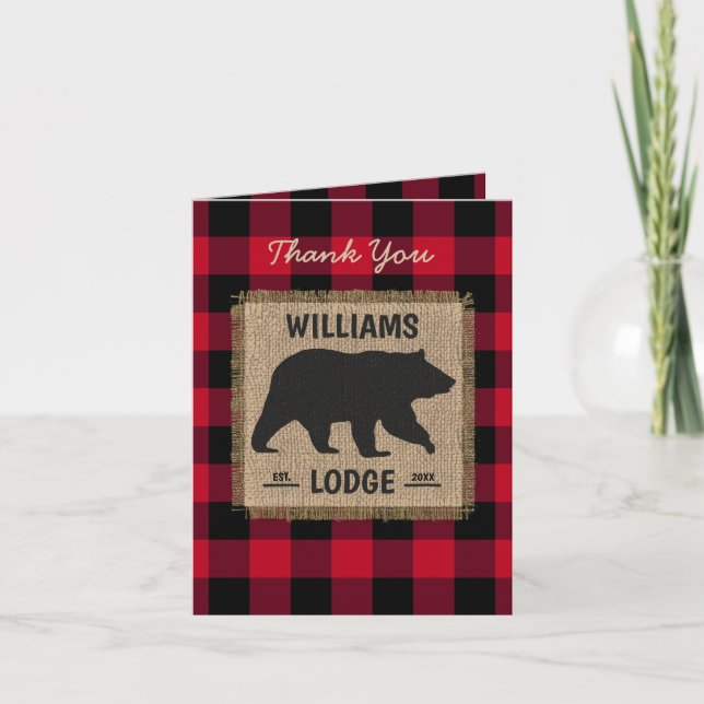 Rustic Bear Red Black Buffalo Family Name Lodge Thank You Card (Front)