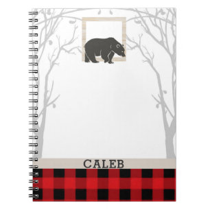 Rustic Bear & Red Chequered Plaid Country Woods Spiral Notebook