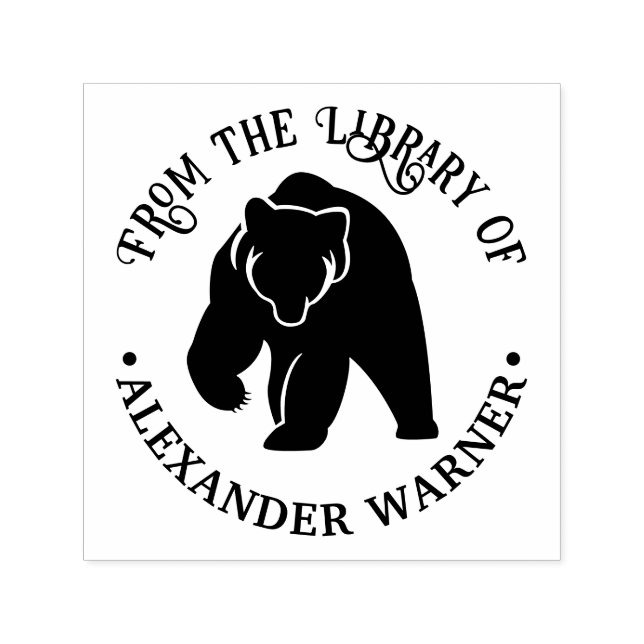 Rustic Bear Silhouette #2 Round Library Book Name Self-inking Stamp (Design)