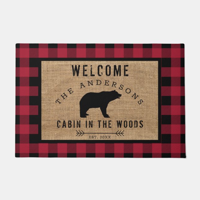 Rustic Bear Welcome Cabin in the Woods Family Name Doormat (Front)