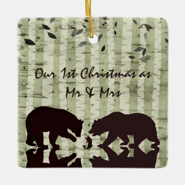 Rustic Bears, Birch Trees 1st Christmas Mr & Mrs Ceramic Ornament (Front)