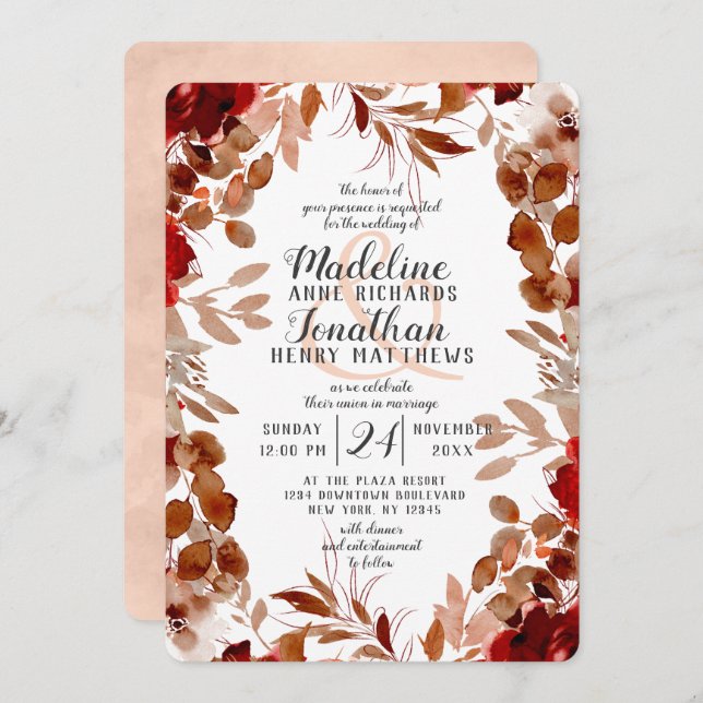 Rustic Beauty Floral Fall Harvest Border Wedding Invitation (Front/Back)