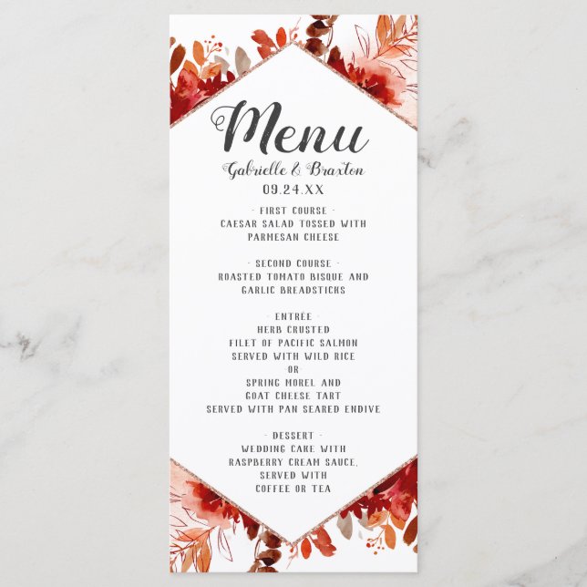 Rustic Beauty Floral Framed Watercolor Fall Dinner Menu (Front)