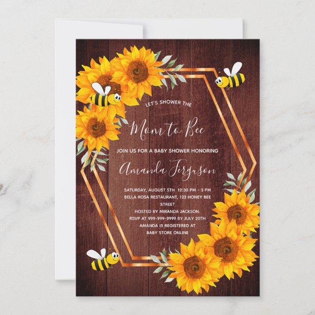 Rustic Bee Baby shower sunflowers brown wooden Invitation (Front)