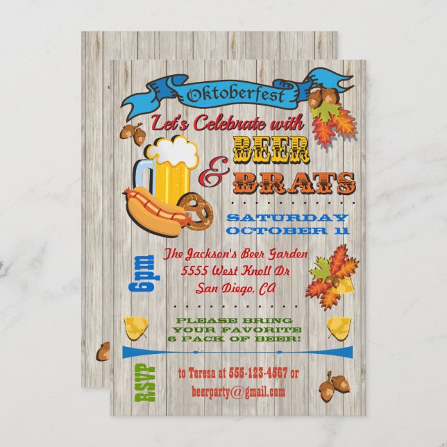 Rustic Beer, Brats Octoberfest Party Invites (Front/Back)