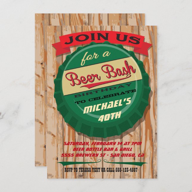 Rustic Beer Cap birthday milestone invitation (Front/Back)