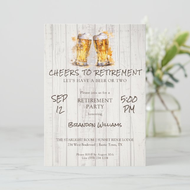 Rustic Beer Cheers to Retirement Party Invitation (Standing Front)