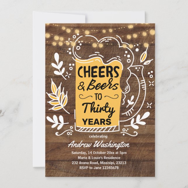 Rustic Beers and Cheers Man 30th Birthday Invitation (Front)
