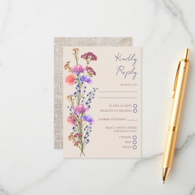 Rustic Beige Acrylic Floral RSVP Wedding  Enclosure Card (Front/Back In Situ)