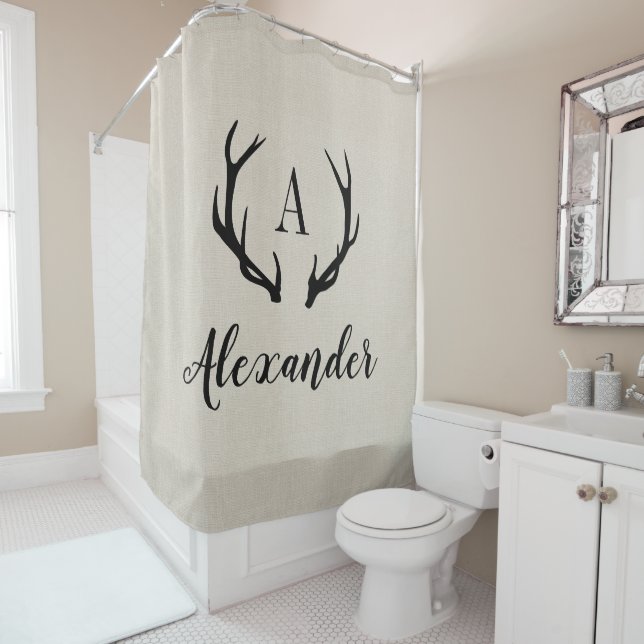 Rustic Beige Antler Monogram | Farmhouse Bathroom Shower Curtain (In Situ)