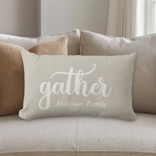 Rustic Beige Autumn Gathering Family Name Lumbar Cushion
