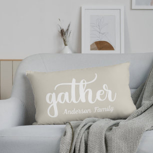 Rustic Beige Autumn Gathering Family Name Lumbar Cushion