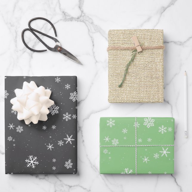 Rustic Beige Black Green Snowflake Christmas Wrapping Paper Sheet (Front)