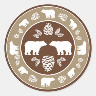 Rustic beige brown bear pinecone round stickers