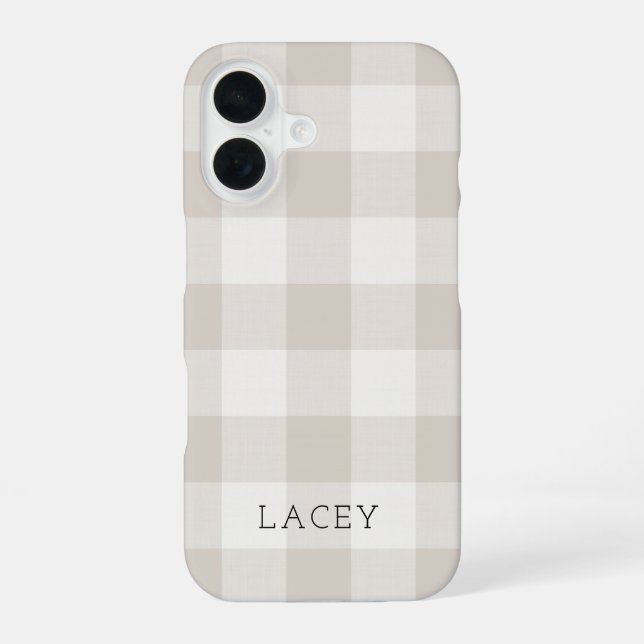 Rustic Beige Buffalo Check Monogram iPhone 16 Case (Back)