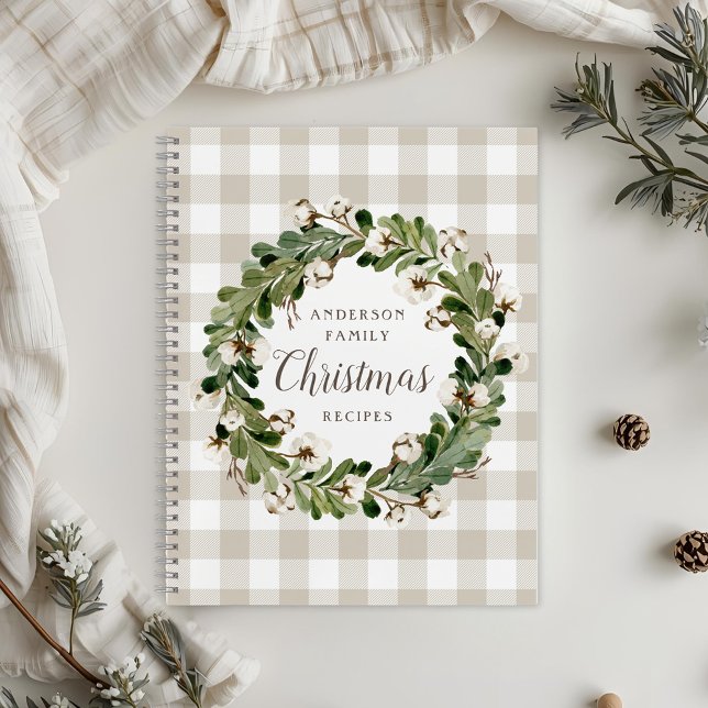 Rustic Beige Cotton Wreath Christmas Family Recipe Notebook (Creator Uploaded)