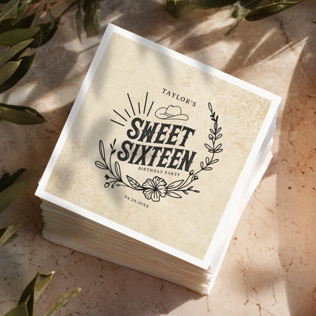 Rustic Beige Cowgirl Floral Sweet Sixteen Birthday Napkin (Rustic cowgirl floral Sweet Sixteen birthday napkins stack on table.)