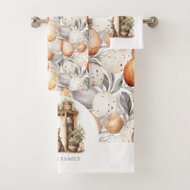 Rustic Beige Easter Rabbit Family Name Bath Towel Set (Insitu)